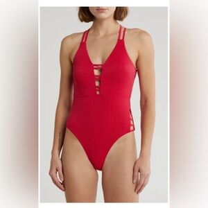 2/$30 Nicole Miller Red Ribbed Cutout One-Piece Swimsuit – Size M